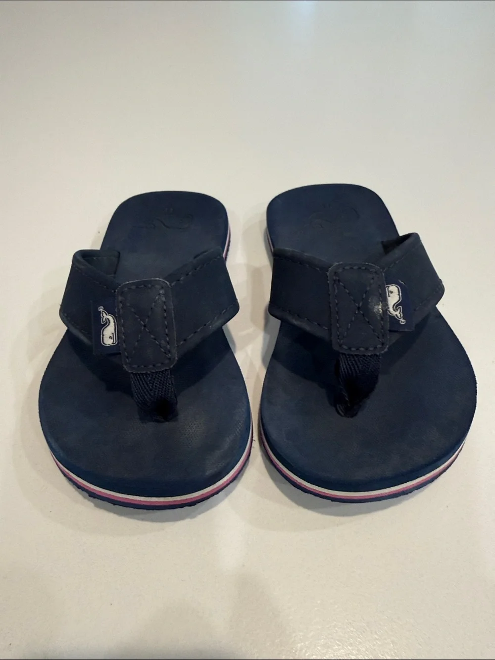 Vineyard Vines Kids Navy Blue Flip Flops with Pink & White Stripe Detail